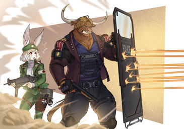 anthro ballistic_shield bottomwear brown_body brown_fur brown_hair bulletproof_vest clothed clothing coat cuff_(restraint) duo facial_piercing female fur gun gunfire hair handcuffs hat headgear headwear horn male male/female metal_cuffs muscular muscular_anthro muscular_male nose_piercing nose_ring pants piercing protecting ranged_weapon restraints rifle ring_piercing riot_shield septum_piercing septum_ring shotgun topwear weapon white_body white_fur white_hair zcorpionwulf combat_cat_studio wild_assault hongying_(wild_assault) ryan_(wild_assault) bovid bovine cattle lagomorph leporid mammal rabbit hi_res