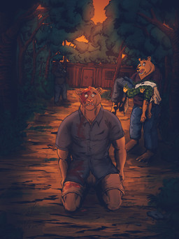 anthro backwards_baseball_cap backwards_hat barefoot baseball_cap belt blood blood_on_clothing blood_on_face bodily_fluids bottomwear building cargo_shorts clothed clothing denim denim_bottomwear denim_clothing eyebrows feet forest fur group gun gunshot_wound handgun hat head_wound headgear headwear house jeans male pants pattern_clothing pattern_shirt pattern_topwear pistol plaid plaid_clothing plaid_shirt plaid_topwear plant ranged_weapon rifle shirt shorts sunset tail topless topless_male topwear tree trio unconscious weapon kowloon7050 arches_(game) echo_(series) echo_project arturo_herrera brian_dubois cameron_wilson devon_ortega bear canid canine canis cougar coyote felid feline mammal 2025 absurd_res digital_drawing_(artwork) digital_media_(artwork) hi_res
