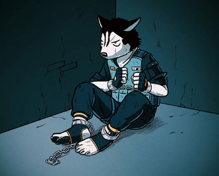 4_toes anthro barefoot bound captured chain chained clothed clothing cuff_(restraint) dungeon feet fully_clothed male plantigrade police prisoner restraints shackles sitting soles solo toes uniform tonyhsq tony_(tonyhsq) canid canine canis domestic_dog husky mammal nordic_sled_dog spitz