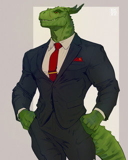 5_fingers accessory anthro athletic athletic_anthro athletic_male barazoku biped black_clothing black_jacket black_suit black_topwear bottomwear broad_shoulders classy clothed clothed_anthro clothed_male clothing dark_body dark_skin fingers green_body green_skin grey_background hand_in_pocket happy horn jacket looking_at_viewer male male_anthro mouth_closed muscular muscular_anthro muscular_arms muscular_legs muscular_male muscular_pecs muscular_thighs necktie pants pockets red_necktie shirt simple_background small_waist smile solo spikes standing suit tail teeth teeth_showing text topwear white_background ekzonzz mythology dinosaur dragon mythological_creature mythological_scalie prehistoric_species reptile saurischian scalie theropod tyrannosaurid tyrannosauroid tyrannosaurus tyrannosaurus_rex 2025 absurd_res digital_drawing_(artwork) digital_media_(artwork) distracting_watermark hi_res portrait signature watermark