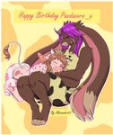 animal_print anthro black_sclera blush breasts brown_body brown_fur buckteeth colored_nails cow_print duo ear_piercing eyes_closed female fur hair head_in_hands headpat heart_symbol hooves horn kneeling long_ears looking_at_another multicolored_body multicolored_fur nails occult_symbol paws pentagram petting piercing pink_eyes purple_hair raised_tail sharp_nails sitting slightly_chubby smile symbol tail teeth text yellow_nails aluxander01 bovid bovine cattle lagomorph leporid mammal rabbit english_text