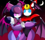 blue_eyes cosplay crescent_moon duo feline_ears female hand_holding interlocked_fingers machine moon multicolored_body pink_eyes romantic romantic_couple sky star starry_sky cosijoeza capcom darkstalkers medabots brass_(medabots) lilith_aensland morrigan_aensland peppercat robot crossover