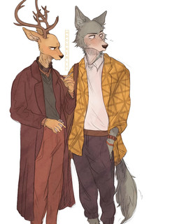 antlers brown_body brown_fur cigarette clothed clothing duo fully_clothed fur grey_body grey_fur holding_cigarette holding_object horn male simple_background standing white_background hoookerii beastars legoshi_(beastars) louis_(beastars) canid canine canis cervine deer mammal red_deer wolf 2020 4:5 hi_res