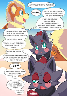 ambiguous_gender black_body black_fur black_nose blush detailed_background dialogue duo eyebrows feral fur green_eyes multicolored_body multicolored_fur orange_body orange_fur profanity quadruped question_mark red_body red_fur speech_bubble tan_body tan_fur text tongue nikkibunn nintendo pokemon gunther_(mating_season) generation_1_pokemon generation_5_pokemon growlithe pokemon_(species) zorua 2025 comic english_text hi_res