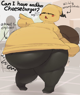 ambiguous_gender anthro belly belly_expansion big_belly bloated blush blush_lines burping close_to_bursting deep_navel dialogue directional_arrow expansion huge_belly huge_hips huge_thighs hyper hyper_belly morbidly_obese morbidly_obese_ambiguous motion_lines navel obese obese_ambiguous overweight overweight_ambiguous plantigrade public shaking solo standing stuffing tail text thick_thighs wide_hips 6saw789 nintendo pokemon generation_7_pokemon mimikyu pokemon_(species) 2026 digital_drawing_(artwork) digital_media_(artwork) english_text hi_res shaded story story_in_description