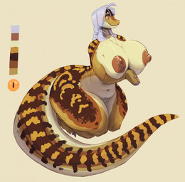 anthro areola arm_under_breasts big_areola big_breasts big_nipples breasts brown_areola brown_nipples colored_nails countershade_face countershade_torso countershading featureless_crotch female female_anthro fingernails glistening glistening_breasts green_body hair huge_breasts huge_thighs kneeling long_tail nails navel nipples nude purple_fingernails purple_hair purple_nails slightly_chubby slightly_chubby_anthro slightly_chubby_female solo tail tan_body thick_thighs wide_hips yellow_eyes twistedteeth mami_(twistedteeth) reptile sand_boa scalie snake 2022 hi_res