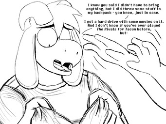 anthro backpack dialogue duo horn male male_focus reaching_towards_another solo_focus text komododad deltarune undertale undertale_(series) asriel_dreemurr catty_cattenheimer boss_monster_(undertale) bovid caprine goat mammal 2025 4:3 black_and_white comic english_text hi_res monochrome