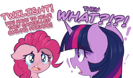 bodily_fluids curly_hair despair dialogue exclamation_point female feral hair horn open_mouth simple_background solo tears czu friendship_is_magic hasbro my_little_pony mythology pinkie_pie_(mlp) twilight_sparkle_(mlp) earth_pony equid equine horse mammal mythological_creature mythological_equine pony unicorn hi_res