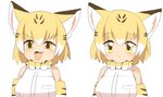 armwear blonde_hair bow_tie clothing eyebrow_through_hair eyebrows female hair multicolored_ears multicolored_hair open_mouth pupils simple_background solo tongue topwear translucent translucent_hair white_background white_clothing white_topwear yellow_eyes lets0020 kemono_friends sand_cat_(kemono_friends) animal_humanoid felid felid_humanoid feline feline_humanoid humanoid mammal mammal_humanoid sand_cat_humanoid