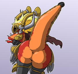 anthro anus_only armor blonde_hair bottomless butt butt_focus cape clothed clothing featureless_crotch furgonomics hair headgear helmet horn looking_at_viewer looking_back looking_back_at_viewer male multicolored_body orange_body raised_tail rear_view red_body smile solo tail tail_armor two_tone_body yellow_eyes macro710 thatweirdguy bushiroad future_card_buddyfight mythology drum_bunker_dragon dragon mythological_creature mythological_scalie scalie digital_media_(artwork) hi_res
