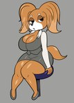 anthro big_breasts breasts clothed clothing eyebrows eyelashes female footwear furniture looking_at_viewer sitting solo stool thick_thighs wide_hips someth1ngoranother aggretsuko sanrio driving_school_receptionist canid canine canis domestic_dog mammal papillon toy_dog 2024 absurd_res hi_res