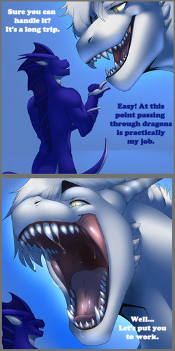anthro blush bodily_fluids dialogue duo explicitly_stated_consent horn imminent_vore male male/male nude open_mouth saliva smile teeth text tongue zyyphelze mythology firondraak zyyph dragon mythological_creature mythological_scalie scalie 1:2 2020 comic english_text hi_res