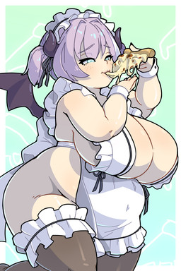 2_horns apron back_wings belly big_breasts biped black_horn black_wings border breasts cheese_string cleavage clothed clothing eating eating_food female female_humanoid food front_view gradient_background headgear headwear horn huge_breasts lace legwear light_body light_skin membrane_(anatomy) membranous_wings no_underwear on_one_leg pantsless_female pantsless_humanoid partially_clothed partially_clothed_female partially_clothed_humanoid pigtails pizza shirt_cuffs shirtless_female shirtless_humanoid simple_background small_wings solo spread_wings standing teal_background thick_thighs thigh_highs three-quarter_view white_apron white_border white_clothing wings morningpanda vtuber demon demon_humanoid horned_humanoid humanoid succubus winged_humanoid 2023 2:3 absurd_res colored digital_drawing_(artwork) digital_media_(artwork) hi_res portrait three-quarter_portrait