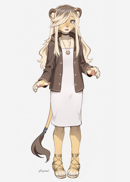 4_toes 5_fingers accessory anthro blonde_hair brown_body brown_clothing brown_eyes brown_fur brown_hair brown_hoodie brown_topwear chest_tuft choker claws clothed clothed_anthro clothed_male clothing crossdressing crossdressing_male cute_fangs dress eyelashes fangs feet femboy fingers footwear fur furgonomics hair hair_over_eye hoodie inner_ear_fluff jewelry long_hair looking_at_viewer male multicolored_hair necklace open_mouth pawpads pink_nose shoes simple_background solo standing tail tail_accessory tan_body tan_fur tan_inner_ear_fluff teeth text toe_claws toes topwear tuft white_background white_clothing white_dress koiyaroid femboy_lion_(koiyaroid) felid lion mammal pantherine 2026 absurd_res artist_name hi_res