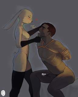 anthro arms_tied armwear bdsm biped blush bondage bound breasts brown_body clothing dominant dominant_female dominatrix elbow_gloves erection female female_anthro foreskin fur genitals glans gloves good_boy grey_background handwear holding_chin humanoid_genitalia humanoid_penis larger_male larger_sub latex latex_clothing latex_legwear legwear male male/female male_humanoid nipples nude pecs penis restraints retracted_foreskin rope rope_bondage rope_harness simple_background sitting size_difference standing standing_over submissive submissive_male tail tan_body tan_fur text throbbing throbbing_penis tusks dried_raisin mythology fan_character lem(lemonsv2) lucy_(usernamecipher) humanoid lagomorph leporid mammal orc rabbit colored english_text hi_res