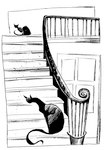 ambiguous_gender bannister building crouching detailed_background door duo feral house inside sitting stairs tail dave_mckean varjak_paw black_cat_(varjak_paw) domestic_cat felid feline felis mammal black_and_white monochrome official_art