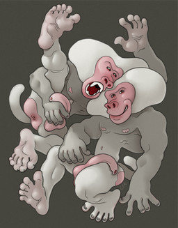 anthro butt duo feet flaccid foreskin genitals grey_body holding_penis humanoid_feet intertwined jumping long_penis male male/male muscular muscular_male nipples pecs penis pink_butt pink_face pink_nipples pink_penis plantigrade raised_leg screaming silly_pose simple_background smile ravuer baboon haplorhine mammal monkey old_world_monkey primate hi_res