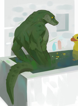 anthro bath bathing bathroom bathtub green_body green_scales male muscular muscular_male partially_submerged pupils rubber_duck scales slit_pupils solo tail water yellow_sclera b00fu crocodile crocodilian reptile scalie absurd_res hi_res