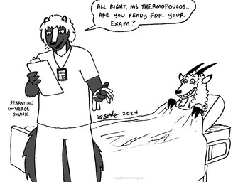 anthro bed clipboard dialogue duo female fluffy fluffy_tail fur furniture grin hair horn male medical_bed medical_gloves smile tail text whiskers tegerio cassandra_(tegerio) cassandra_thermopoulos sebastian_(sergeskunk) antelope bovid mammal mephitid skunk 2024 english_text greyscale monochrome