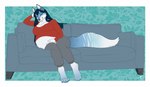 anthro belly big_belly blue_body blue_eyes blue_fur blue_hair blue_sofa bottomwear closed_smile clothed clothing female floral_background front_view fur furniture grey_bottomwear grey_clothing grey_pants hair long_hair markings mouth_closed narrowed_eyes navel on_sofa pants pregnant pregnant_anthro pregnant_female red_clothing red_topwear sitting smile sofa solo striped_markings striped_tail stripes tail tail_markings topwear white_body white_fur milk-jug canid mammal