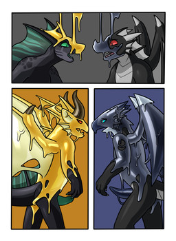 anthro black_body blue_body claws dorsal_fin dorsal_frill ear_fins erection fin frill_(anatomy) genitals goo_transformation grey_body horn latex latex_transformation male multicolored_body penis red_eyes spines transformation wings yellow_body hacony capcom monster_hunter mythology negadrake nyxt dragon goo_creature mythological_creature mythological_scalie scalie shagaru_magala valstrax 2022 absurd_res comic hi_res