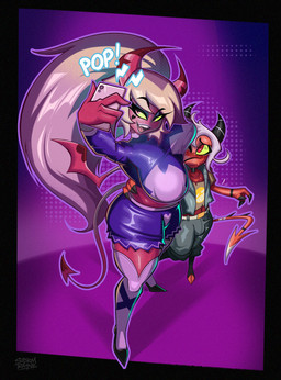 2_horns 4_fingers big_breasts blush boots border bottomwear breasts bulge cellphone clothing duo electronics eyebrow_through_hair eyebrows eyelashes female fingers footwear hair high_heeled_boots high_heels holding_cellphone holding_object holding_phone horn larger_female legwear long_hair male membrane_(anatomy) membranous_wings midriff miniskirt not_furry open_mouth open_smile phone pink_body pink_eyes pink_skin red_body red_eyes red_skin shirt shoes shorts size_difference skirt smaller_male smartphone smile sound_effects spade_tail standing tail taking_picture taking_selfie teeth text thigh_boots thigh_highs topwear translucent translucent_hair vest white_hair wings yellow_sclera stormrayneart hellaverse helluva_boss fan_character verosika_mayday demon humanoid imp succubus 2026 artist_name hi_res
