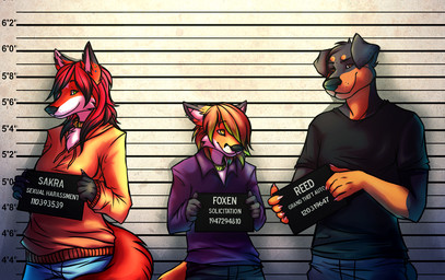 anthro brown_eyes chart collar ear_piercing female green_eyes group height_chart holding_object holding_sign imperial_unit jail_placard lineup male mugshot number piercing placard police_lineup sign text trio unit miss_blacksheep canid canine canis domestic_dog fox mammal mastiff molosser rottweiler english_text