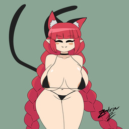2_tails animal_ears areola areola_slip big_breasts bikini biped black_clothing bouncing_breasts braided_hair breasts clothed clothing eyelashes eyes_closed female hair huge_breasts multi_tail navel red_hair simple_background smile solo swimwear tail two-piece_swimsuit zedrin touhou rin_kaenbyou animal_humanoid cat_humanoid felid felid_humanoid feline feline_humanoid humanoid mammal mammal_humanoid 1:1 animated hi_res