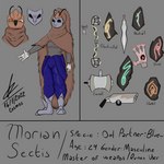 1:1 anthro avian bird blue_odyssey brown_body cosmosarts elemental_runes english_text eye_scar facial_scar feathers hi_res male mask morian_sectis owl runes scar solo text weapon