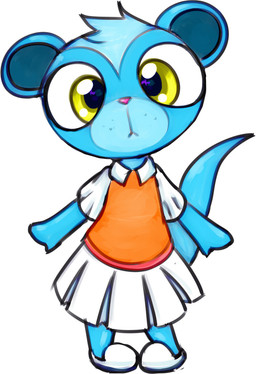 anthro big_eyes blue_body blue_fur clothed clothing crossdressing dress footwear fur looking_at_viewer male shoes simple_background solo standing tail white_background yellow_eyes tafuruba hasbro littlest_pet_shop littlest_pet_shop_(2012) sunil_nevla banded_mongoose herpestid mammal mongoose 2015