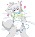 4_fingers anthro bandage bandage_on_face bedding bedding_background biped blue_collar blush bottomless bottomless_anthro bottomless_male cjk_character clothed clothing collar countershade_face countershade_fur countershade_torso countershading crotch_tuft ear_piercing ear_tag femboy fingers fluffy fluffy_tail front_view fur gender_symbol green_clothing green_shirt green_topwear grey_body grey_ears grey_fur grey_hair grey_tail hair heart_pupils heart_symbol hearts_around_body hearts_around_head high-angle_view inner_ear_fluff kemono leash leashed_collar looking_at_viewer male male_anthro male_symbol monotone_hair monotone_tail multicolored_body multicolored_fur navel notched_ear open_mouth piercing pink_eyes pupils shirt solo symbol tail topwear tuft two_tone_body two_tone_fur white_body white_countershading white_fur white_inner_ear_fluff white_pupils young hetakitsune hetakitsune_(character) canid canine fox mammal true_fox 2023 colored digital_media_(artwork) hi_res portrait shaded simple_shading three-quarter_portrait