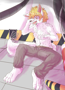after_transformation anthro belt blonde_hair bodily_fluids bottomwear brown_bottomwear brown_clothing brown_pants claws clothing crying fluffy fluffy_tail fur hair human_to_anthro laboratory male pants red_eyes sharp_teeth shocked snout solo species_transformation tail tears teeth transformation white_body white_ears white_fur white_tail yakumomidori1 changed_(video_game) ids_(user) ace_heart_(ids) human mammal hi_res