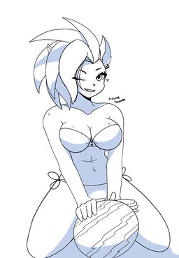 anthro bikini breasts clothing ear_piercing ear_ring female food fruit heart_symbol melon navel one_eye_closed piercing plant ring_piercing solo string_bikini swimwear thick_thighs two-piece_swimsuit watermelon wink kenjikanzaki05 littlehoping activision crash_bandicoot_(series) pirate_tawna bandicoot mammal marsupial hi_res