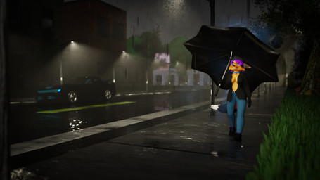 anthro backlighting bell bell_collar belt black_umbrella blue_bottomwear blue_clothing blue_jeans blue_pants bottomwear brick_building car clothed clothing collar denim denim_bottomwear denim_clothing eyewear female glasses glistening hair jacket jeans light open_clothing open_jacket open_topwear pants public purple_hair raining rainy_weather reflection shirtless_female solo toony toony_eyes topwear umbrella vehicle walking water water_reflection wearing_glasses window darkfox12 canid canine fox mammal 16:9 4k absurd_res hi_res lighting widescreen