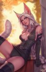 animal_humanoid big_breasts breasts cat_humanoid clothed clothing digital_media_(artwork) dress felid felid_humanoid feline feline_humanoid female hair hi_res humanoid legwear long_hair looking_at_viewer mammal mammal_humanoid personalami shaded solo thigh_highs white_hair yellow_eyes