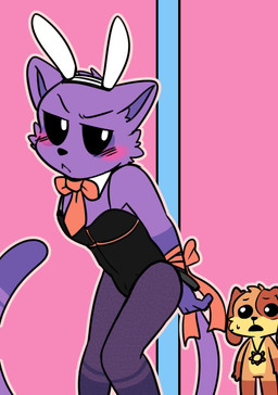 anthro blush clothed clothing crossdressing duo fake_ears fake_rabbit_ears hands_behind_back jewelry legwear looking_at_another male necklace pole simple_background saku1saya deco_27_(producer) mob_entertainment poppy_playtime rabbit_hole_(deco_27) smiling_critters catnap_(poppy_playtime) dogday_(poppy_playtime) canid canine canis critters_(poppy_playtime) domestic_cat domestic_dog felid feline felis mammal absurd_res hi_res