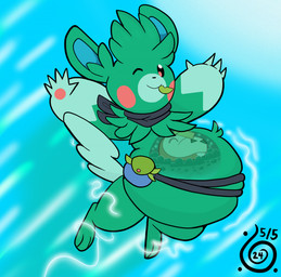 abdominal_bulge ambiguous_gender ambiguous_pred ambiguous_prey anthro belly big_belly black_kerchief black_neckerchief blue_inner_ear duo electricity eyes_closed fur gloves_(marking) green_body green_fur head_tuft healing_vore inside_stomach internal kerchief leaf leaf_in_mouth markings matcha_(tea) midair neckerchief neckwear one_eye_closed oral_vore orange_body pawpads pink_cheeks pink_pawpads smile tail tuft vore white_body wink x-ray_view dezzykitsune nintendo pokemon fuecoco generation_9_pokemon pawmot pokemon_(species) 2024 dated hi_res