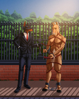 animal_genitalia animal_penis ankle_cuffs anthro athletic athletic_male balls bdsm biceps black_body black_clothing black_eyes black_fur black_hair black_nose black_suit black_suit_jacket blonde_hair bondage bottomwear bound brick_wall brown_body brown_fur clothed clothed/nude clothed_male clothing cmnm confident cuff_(restraint) duo ear_piercing ear_ring equine_genitalia equine_penis erection fence footwear fully_clothed fully_clothed_male fur genitals hair handcuffs holding_object holding_rope hooves looking_aside looking_down male male/male male_anthro mane mane_hair master/slave metal_cuffs navel necktie nipples nude nude_male outside pants penis piercing plant public public_nudity red_necktie red_nipples restraints ring_piercing rope rope_bondage sheath shoes sidewalk sky slave standing suit tan_body tan_fur thin_penis tree triceps wall_(structure) white_body white_fur wrought_iron guyinvintageclothes sigurd_(horsesigurd) canid canine canis dobermann domestic_dog equid equine horse mammal pinscher full-length_portrait hi_res portrait signature