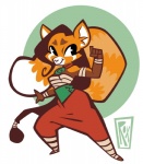 anthro bottomwear brown_hair clothed clothing dipstick_tail female fingers fur hair markings multicolored_body multicolored_fur orange_body orange_fur pants shirt simple_background smile solo standing tail tail_markings topwear white_background wide_hips pastel_please ailurid mammal red_panda