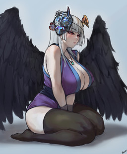 bangs big_breasts biped black_body black_feathers black_wings breasts cleavage clothed clothed_female clothed_humanoid clothing ear_piercing eyebrow_through_hair eyebrows eyelashes facial_markings feathered_wings feathers female female_humanoid grey_hair hair head_markings kneeling legwear long_hair markings mask piercing plantigrade red_eyes seiza sitting solo thigh_highs three-quarter_view translucent translucent_hair wings batako humanoid winged_humanoid 2026 full-length_portrait hi_res portrait