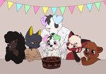 5_fingers anthro birthday_cake cake candle dessert fingers floppy_ears food for_a_head fur group male tongue tongue_out white_body white_fur young young_anthro young_male niichan adam_(spottyadam) jakey_(jakeypup) kayden_(justafoxboi) octavian_(7intandadream) peppercorn_(aboulia) animal_head animal_humanoid anubian_jackal canid canine canis dalmatian domestic_dog fox humanoid jackal mammal poodle absurd_res hi_res