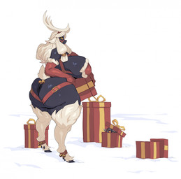 anthro anus bell big_breasts big_butt black_body box breasts butt clothing container dewclaw_hooves duo female female_focus fur gift gift_box gloves hair halter handwear harness hiding hooves horn huge_breasts huge_butt huge_thighs in_box in_container jingle_bell long_hair looking_at_viewer orange_sclera puffy_anus red_clothing red_gloves red_handwear simple_background smile snow solo_focus tail thick_thighs unguligrade white_background white_body white_fur white_hair white_wool wide_hips wool_(fur) yellow_eyes nanokindred reinette bovid caprine mammal sheep hi_res gynomorph_(lore)