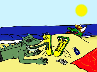 anthro beach bodily_fluids bound buried buried_in_sand duo feet foot_fetish foot_lick foot_play hindpaw laugh licking male outside paws sand seaside sun tears tickling tongue tongue_out torture jeffthet mythology talpimado dragon mythological_creature mythological_scalie scalie 4:3