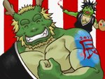 anthro beard biceps black_clothing black_robe blue_hair brush cjk_character clothing countershade_arms countershade_torso countershading duo eyes_closed facial_hair fist flexing flexing_bicep green_body green_scales hair holidays horn male mature_male muscular muscular_male palette pattern_background pecs red_background robe scales simple_background smile striped_background teeth_showing white_background shirako asian_mythology chinese_zodiac east_asian_mythology morenatsu mythology new_year new_year_2012 year_of_the_dragon tappei_(morenatsu) tatsuki_(morenatsu) dragon eastern_dragon mythological_creature mythological_scalie scalie 2012 4:3 father_(lore) father_and_child_(lore) father_and_son_(lore) parent_(lore) parent_and_child_(lore) parent_and_son_(lore) son_(lore)