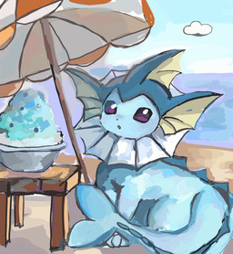 ambiguous_gender beach_umbrella blue_body cloud feral food open_mouth parasol paws purple_eyes sea sky solo tail water 6gzbjclnqu57784 nintendo pokemon eeveelution generation_1_pokemon pokemon_(species) vaporeon 2025 hi_res