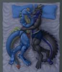 2019 anthro anthro_on_anthro bed bedroom bedroom_eyes black_body black_scales blep blue_body blue_eyes blue_scales boxers_(clothing) bulge claws clothing cuddling digital_media_(artwork) dragon duo feet finger_claws fingers forked_tongue furniture grey_body grey_horn grey_scales half-closed_eyes hand_on_chest hand_on_hip hi_res horn hug jockstrap looking_at_another looking_at_partner lying male male/male multicolored_body multicolored_scales mythological_creature mythological_scalie mythology narrowed_eyes night on_side paws pillow ranthos red_eyes reptile romantic romantic_couple scales scalie seductive smile snake soles spikes striker stripes tail teeth thejoyfuldragon toe_claws toes tongue tongue_out touching_noses two_tone_body two_tone_scales underwear