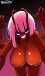 antennae_(anatomy) anthro big_breasts breasts fangs female hair looking_at_viewer multi_arm multi_limb nipples nude pink_hair purple_eyes red_body smile solo teeth allentrap animal_humanoid ant arthropod arthropod_humanoid humanoid hymenopteran insect hi_res