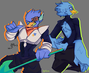 anthro back_fluff beak black_bottomwear black_clothing black_eyebrows black_eyes black_pants blue_body blue_feathers bottomwear clothing eyebrows eyewear feathers glasses grin grinning_at_viewer halberd kerchief male melee_weapon orange_kerchief pants polearm smile smiling_at_viewer solo tail tail_feathers teeth weapon yellow_beak axolgra deltarune undertale_(series) berdly avian bird hi_res multiple_scenes