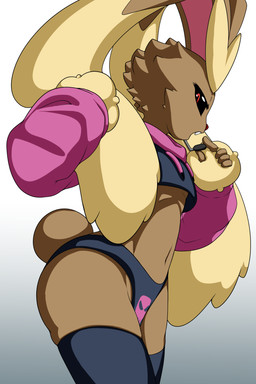 anthro brown_body brown_fur clothing cropped_hoodie electronics fur headgear headphones headset legwear looking_at_viewer male microphone panties red_eyes solo stockings underwear vulapa meme_clothing nintendo paggi_outfit pokemon cappuccino_(vulapa) generation_4_pokemon lopunny pokemon_(species) 2:3 hi_res meme