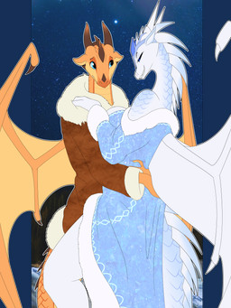 anthro anthrofied arms_around_partner arms_around_waist bedroom_eyes breasts clothing crown dress duo female headgear male male/female narrowed_eyes nervous nervous_smile nose_spike queen romantic romantic_couple royalty seductive snout tail winter_coat blueondrive mythology wings_of_fire sky_(wof) snowfall_(wof) dragon icewing_(wof) mythological_creature mythological_scalie scalie skywing_(wof) 3:4 absurd_res alpha_channel hi_res